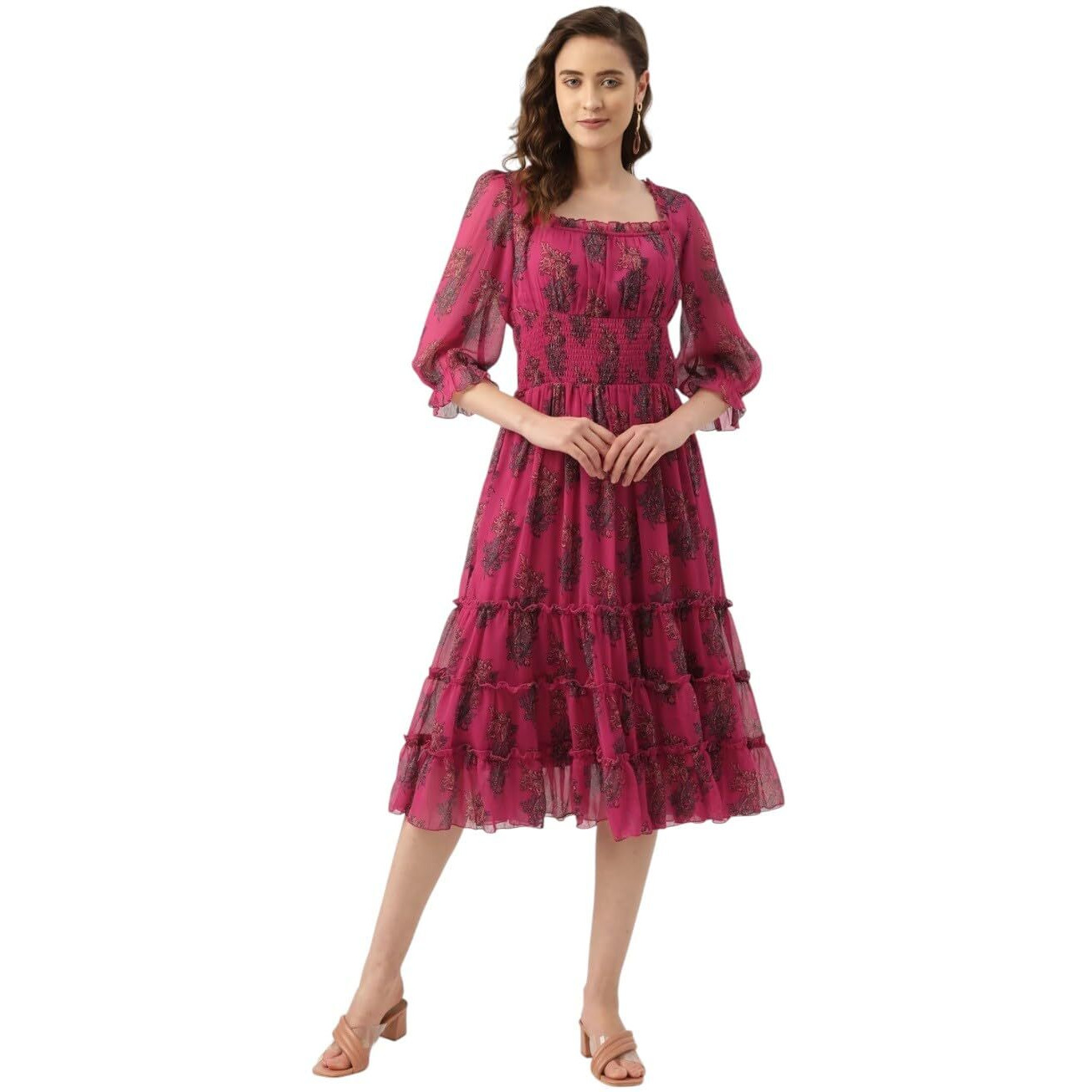 Litzo Women's Georgette A-Line Maxi Dress (L-68-L_Pink