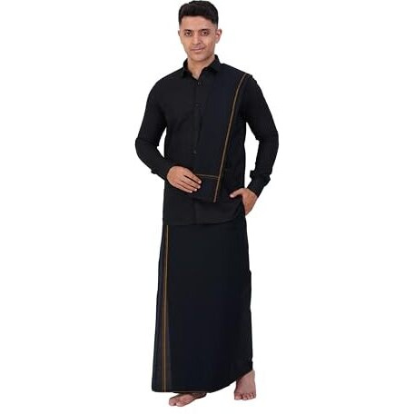 Prakasam Cotton Mens Small Border (Roja) Flexi Adjustable Readymade Pocket Black Dhoti + Readymade Full Sleeve Shirt + Black Small Border Towel