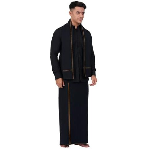 Prakasam Cotton Mens Small Border (Roja) Flexi Adjustable Readymade Pocket Black Dhoti + Readymade Full Sleeve Shirt + Black Small Border Towel