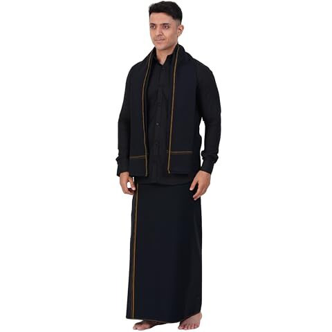 Prakasam Cotton Mens Small Border (Roja) Flexi Adjustable Readymade Pocket Black Dhoti + Readymade Full Sleeve Shirt + Black Small Border Towel