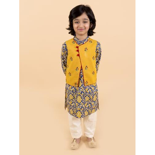 Pspeaches Boys Navy Blue Floral Printed Pure Cotton Kurta With Trousers With Dupatta