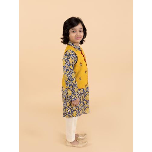 Pspeaches Boys Navy Blue Floral Printed Pure Cotton Kurta With Trousers With Dupatta