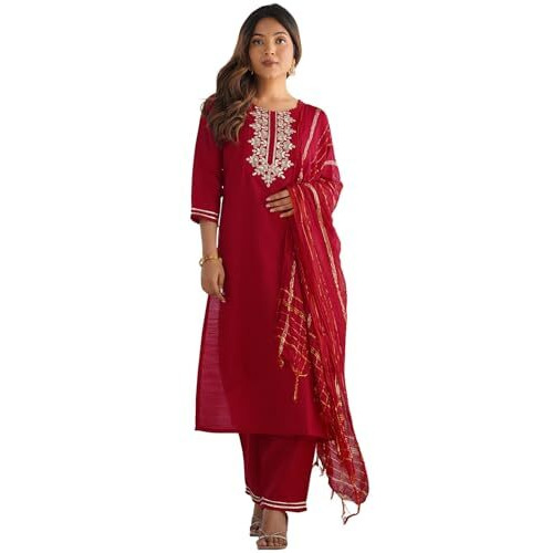 Sanisa Women's Cotton Blend Sequins Embroidery Straight Kurta With Pant And Dupatta Set (228Kbd2411N-S_Red)