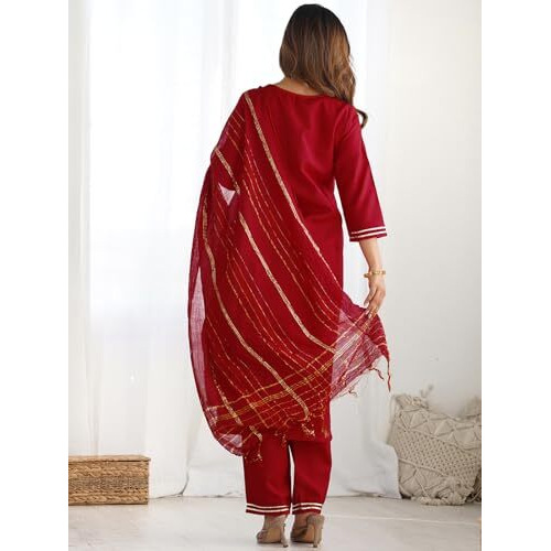 Sanisa Women's Cotton Blend Sequins Embroidery Straight Kurta With Pant And Dupatta Set (228Kbd2411N-S_Red)
