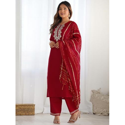 Sanisa Women's Cotton Blend Sequins Embroidery Straight Kurta With Pant And Dupatta Set (228Kbd2411N-S_Red)