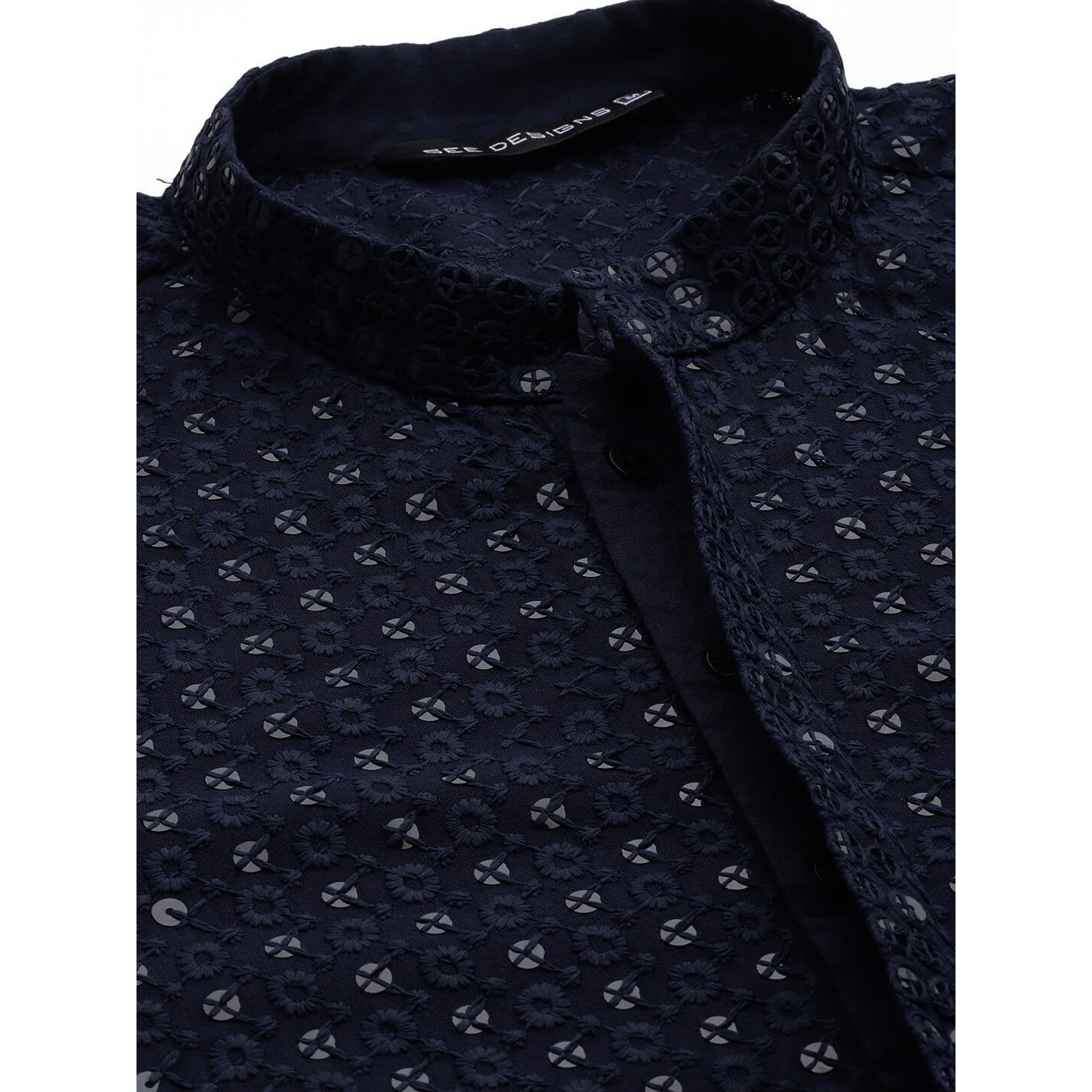 See Designs Men Navy Blue Floral Embroidered Sequined Rayon Kurta - Sd2Ekt_1297S