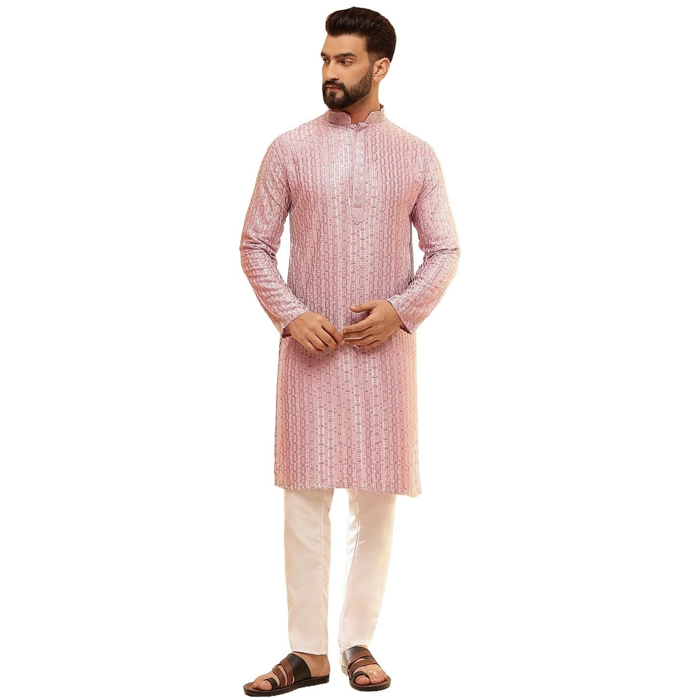Sojanya (Since 1958 Men's Cotton Rayon Shiny Thread Sequinned Pink Kurta With White Pyjama