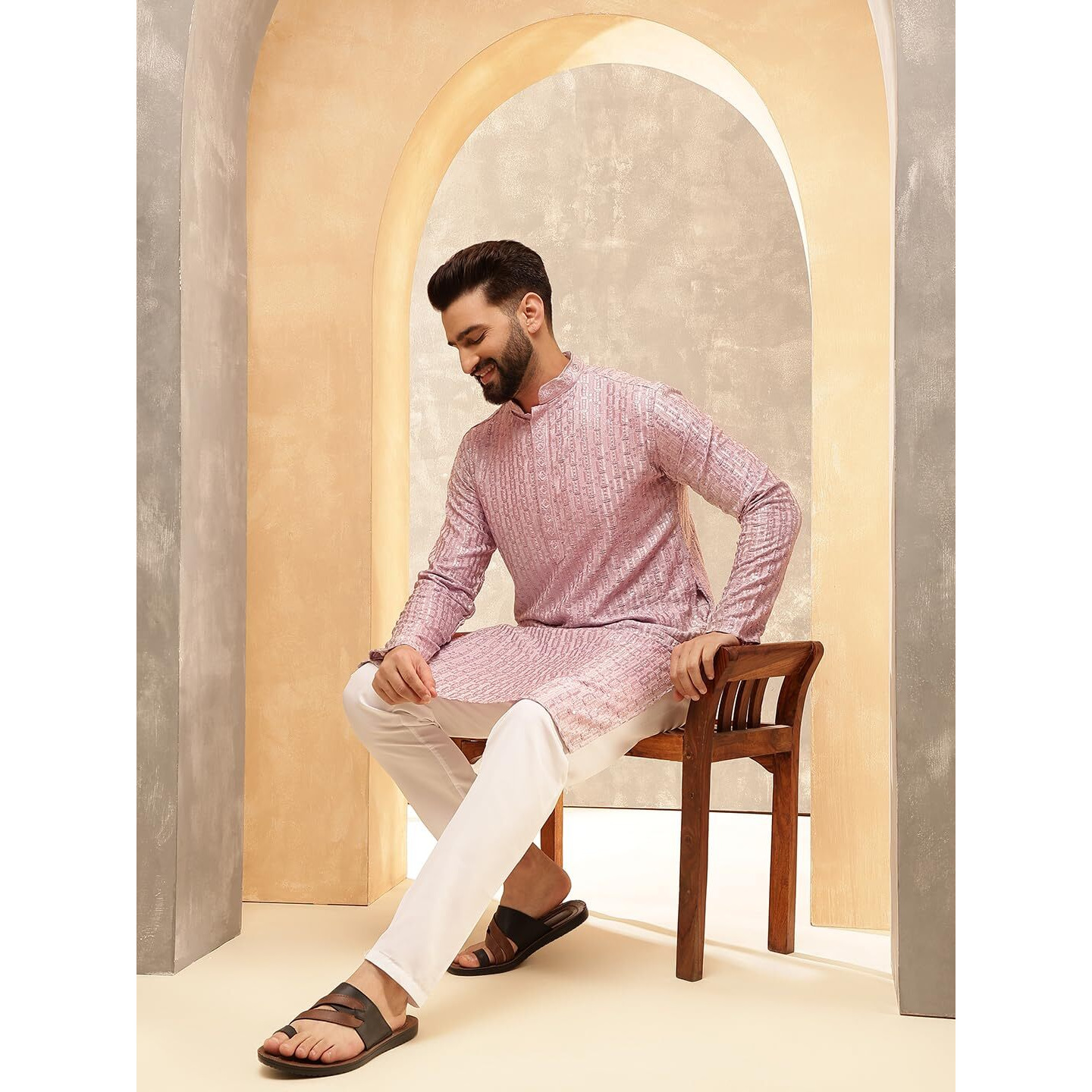 Sojanya (Since 1958 Men's Cotton Rayon Shiny Thread Sequinned Pink Kurta With White Pyjama