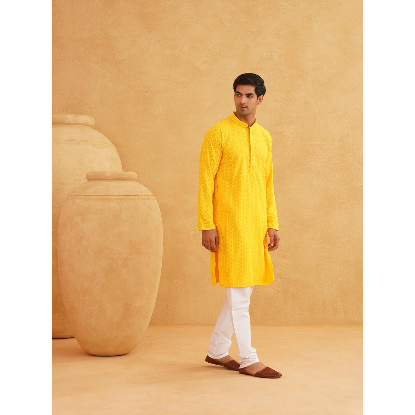 Sojanya (Since 1958 Men's Sequinned Embroidered Mustard Cotton Kurta And White Pyjama Set