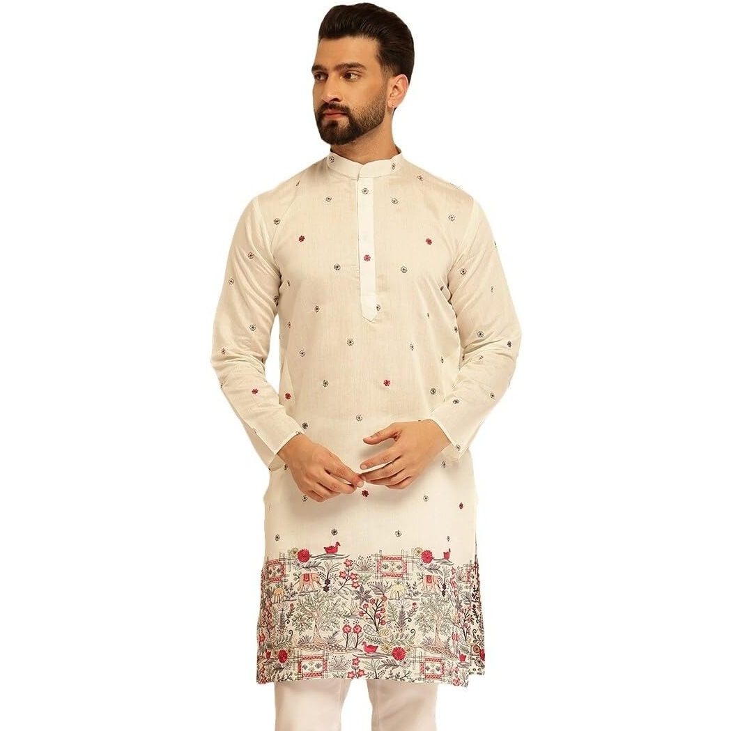Sojanya (Since 1958 Men's Cotton Silk Daman Embroidered White Long Kurta