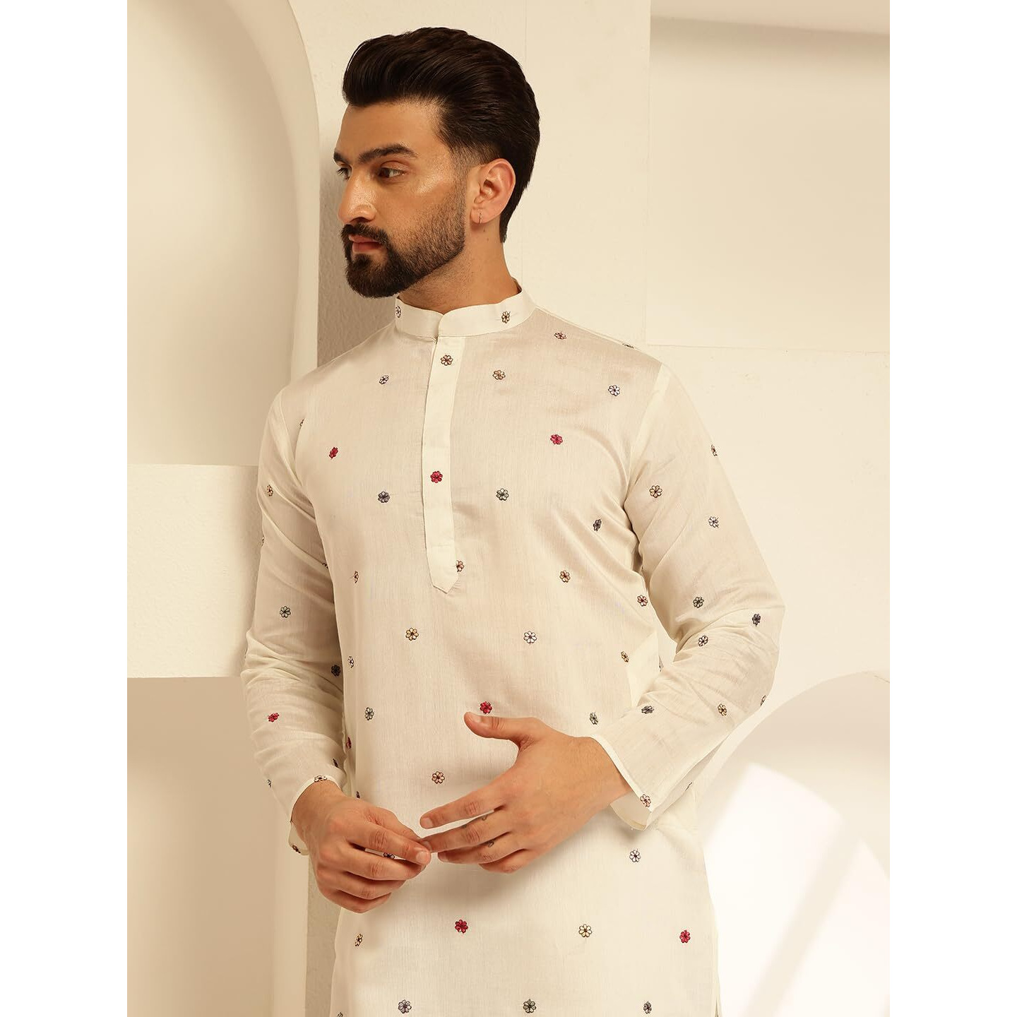 Sojanya (Since 1958 Men's Cotton Silk Daman Embroidered White Long Kurta