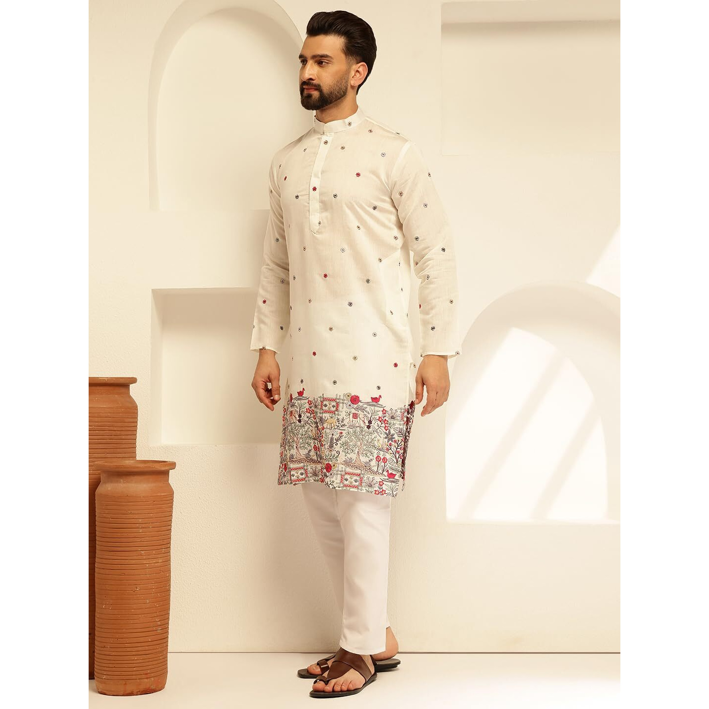 Sojanya (Since 1958 Men's Cotton Silk Daman Embroidered White Long Kurta