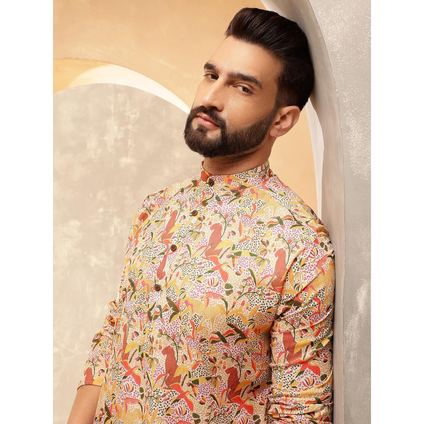 Sojanya (Since 1958 Men's Cotton Linen Kalamkari Printed Multi & Beige Only Long Kurta