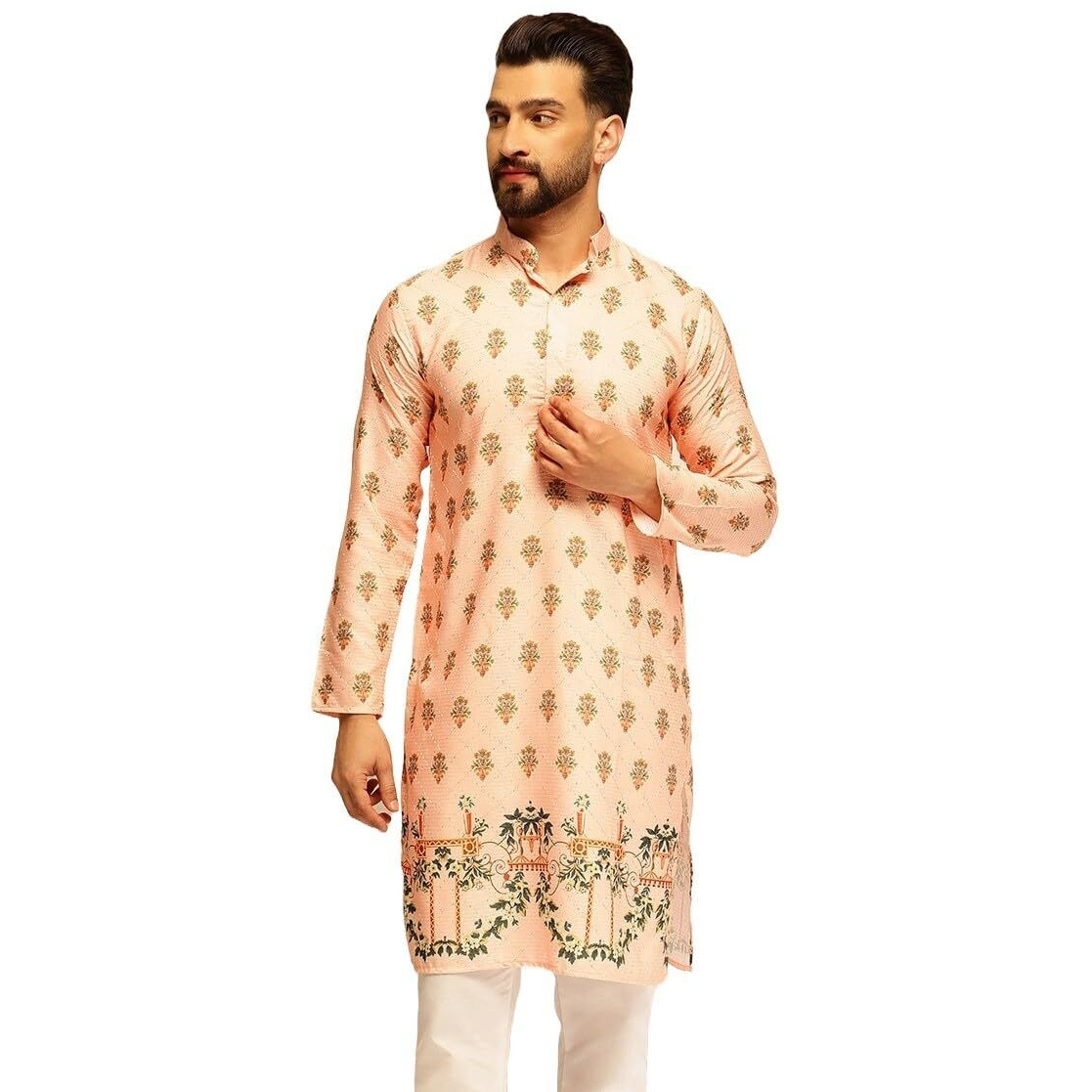 Sojanya (Since 1958 Men's Cotton Daman Print Peach Long Kurta With Krochet Embroidery