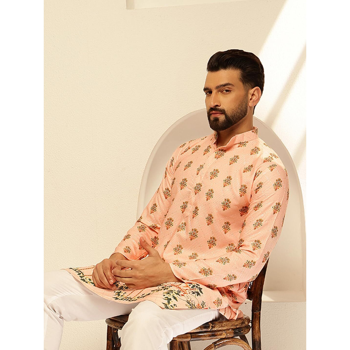 Sojanya (Since 1958 Men's Cotton Daman Print Peach Long Kurta With Krochet Embroidery