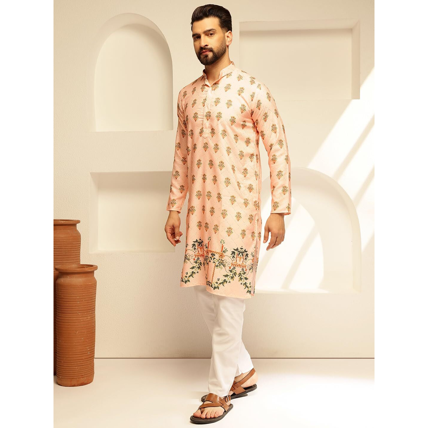 Sojanya (Since 1958 Men's Cotton Daman Print Peach Long Kurta With Krochet Embroidery