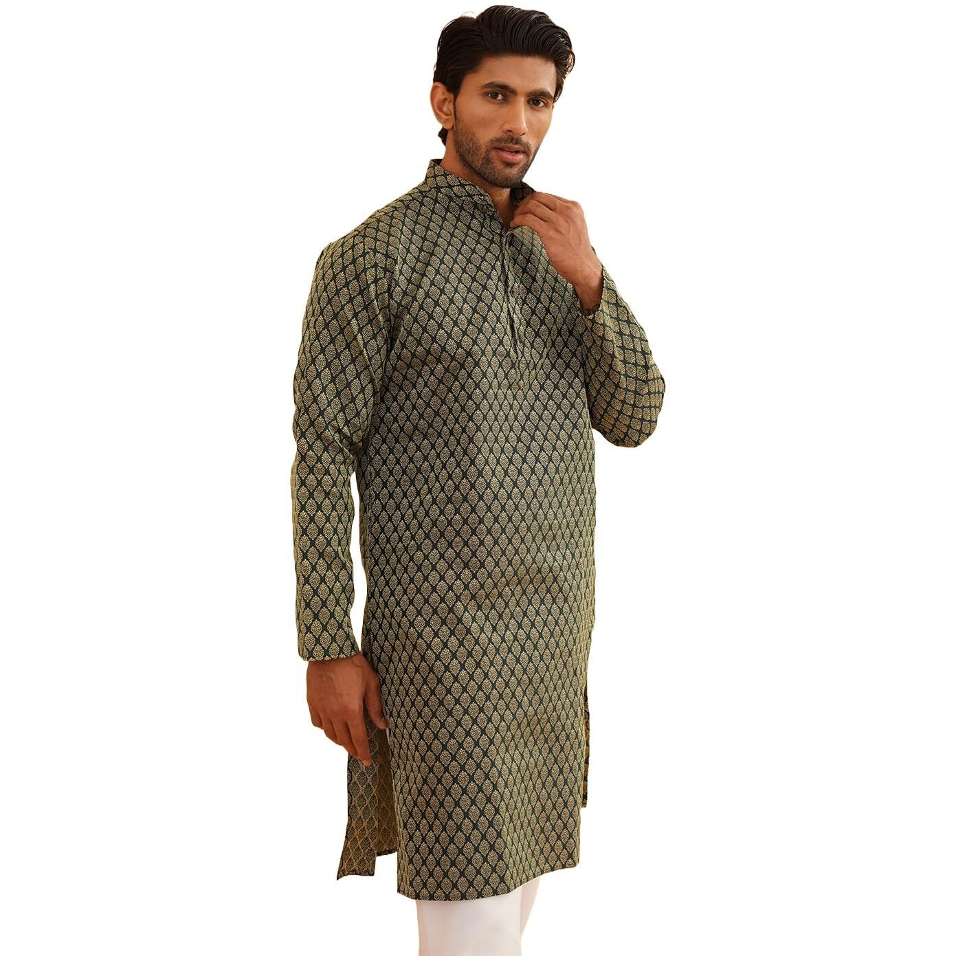 Sojanya (Since 1958 Men's Silk Blend Self Design Dark Green Only Long Kurta