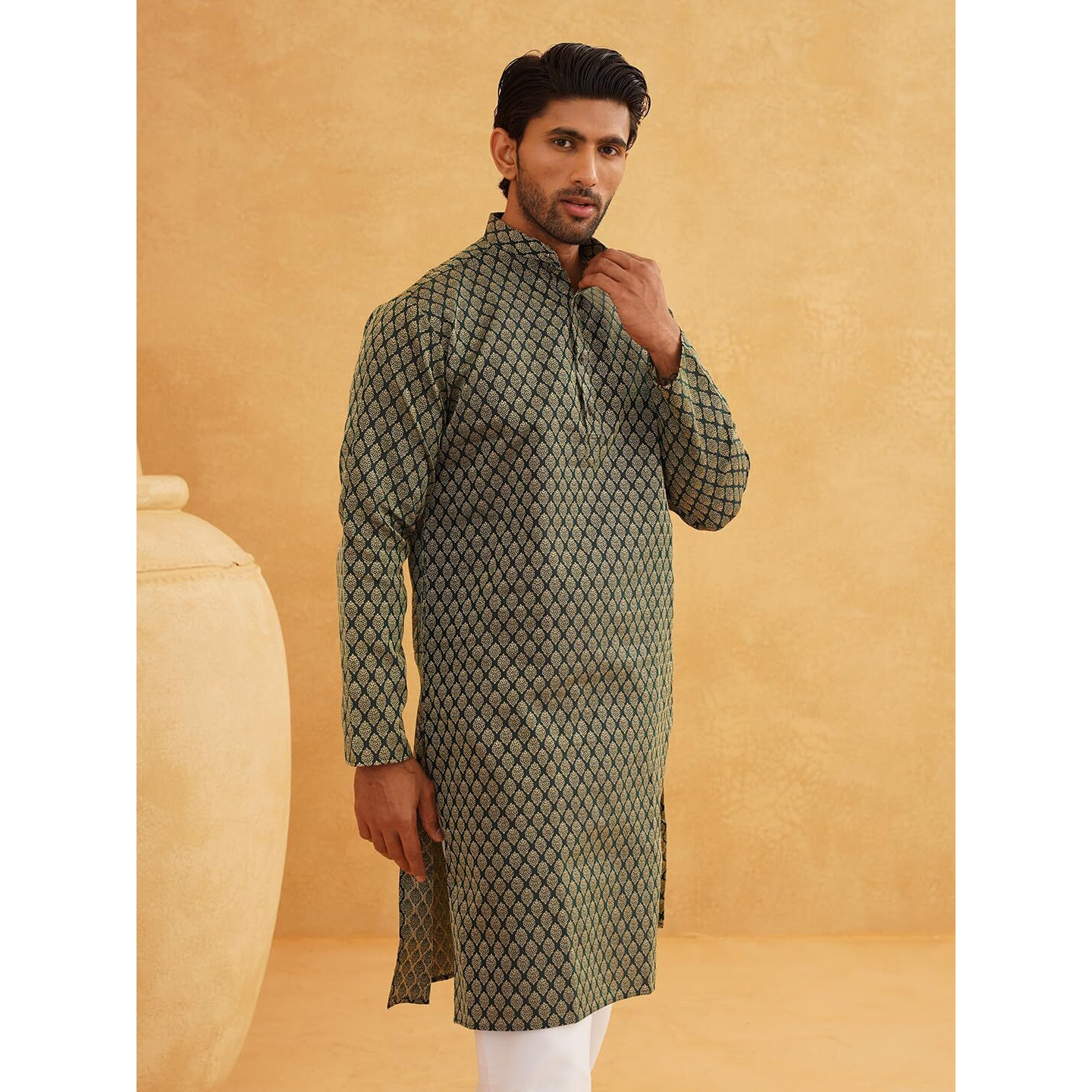 Sojanya (Since 1958 Men's Silk Blend Self Design Dark Green Only Long Kurta