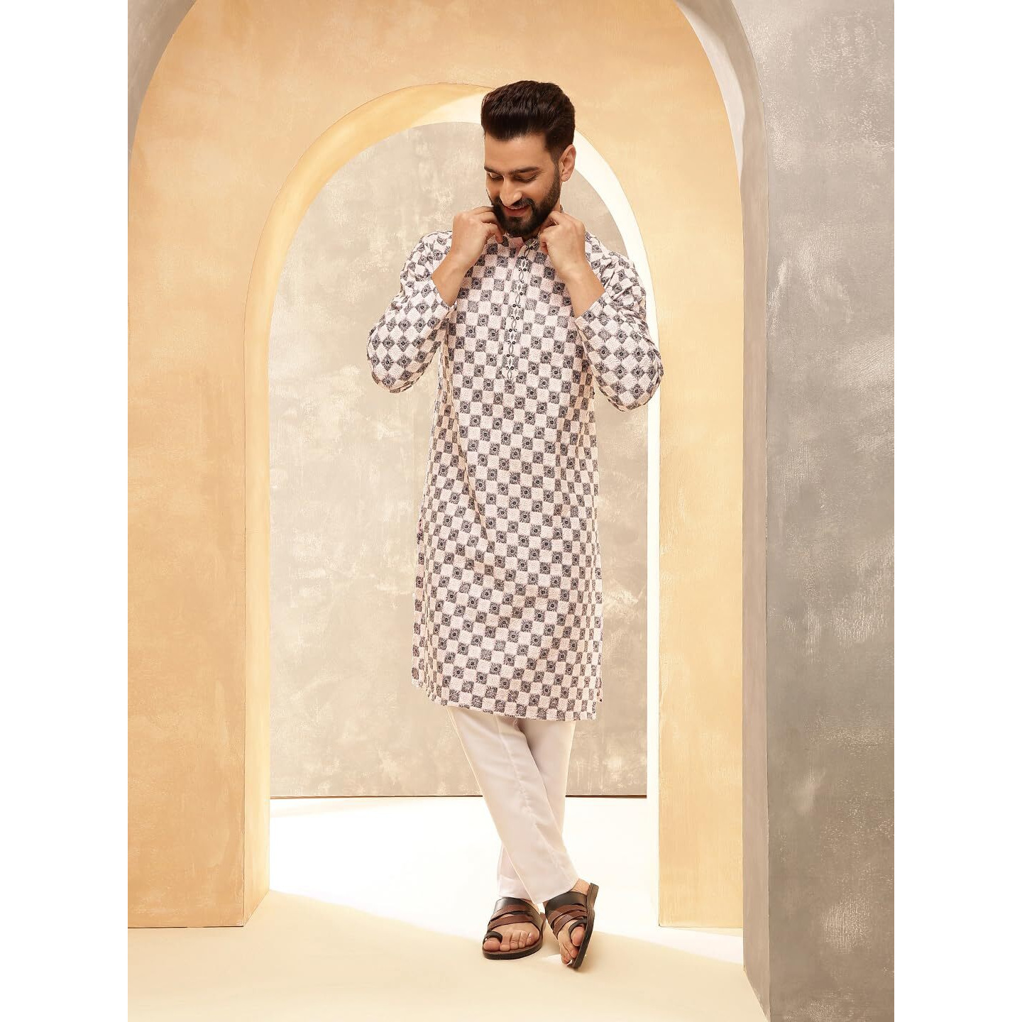 Sojanya (Since 1958 Men's Cotton Rayon Embroidered Sequinned Pink Kurta With White Pyjama
