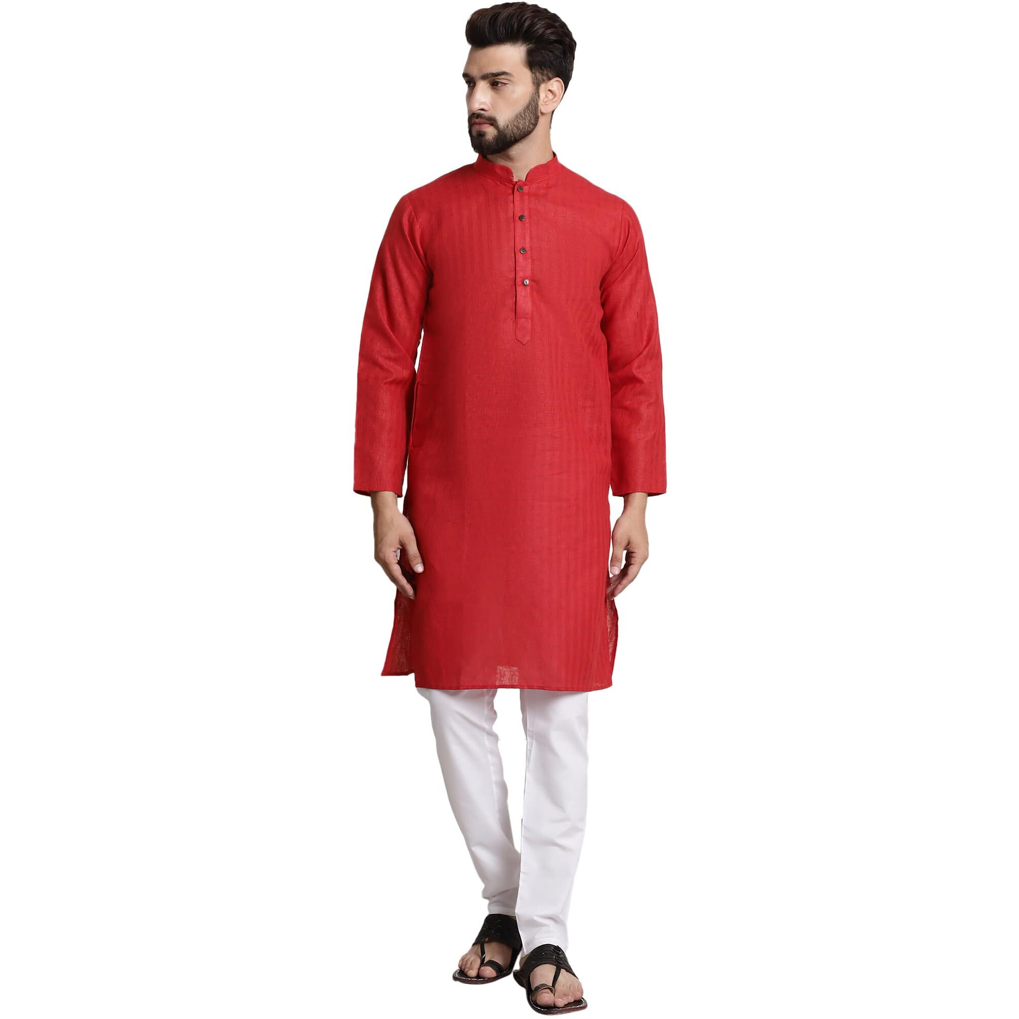 Sojanya (Since 1958 Men's Cotton Blend Red Checked Kurta And White Churidar Pyjama Set