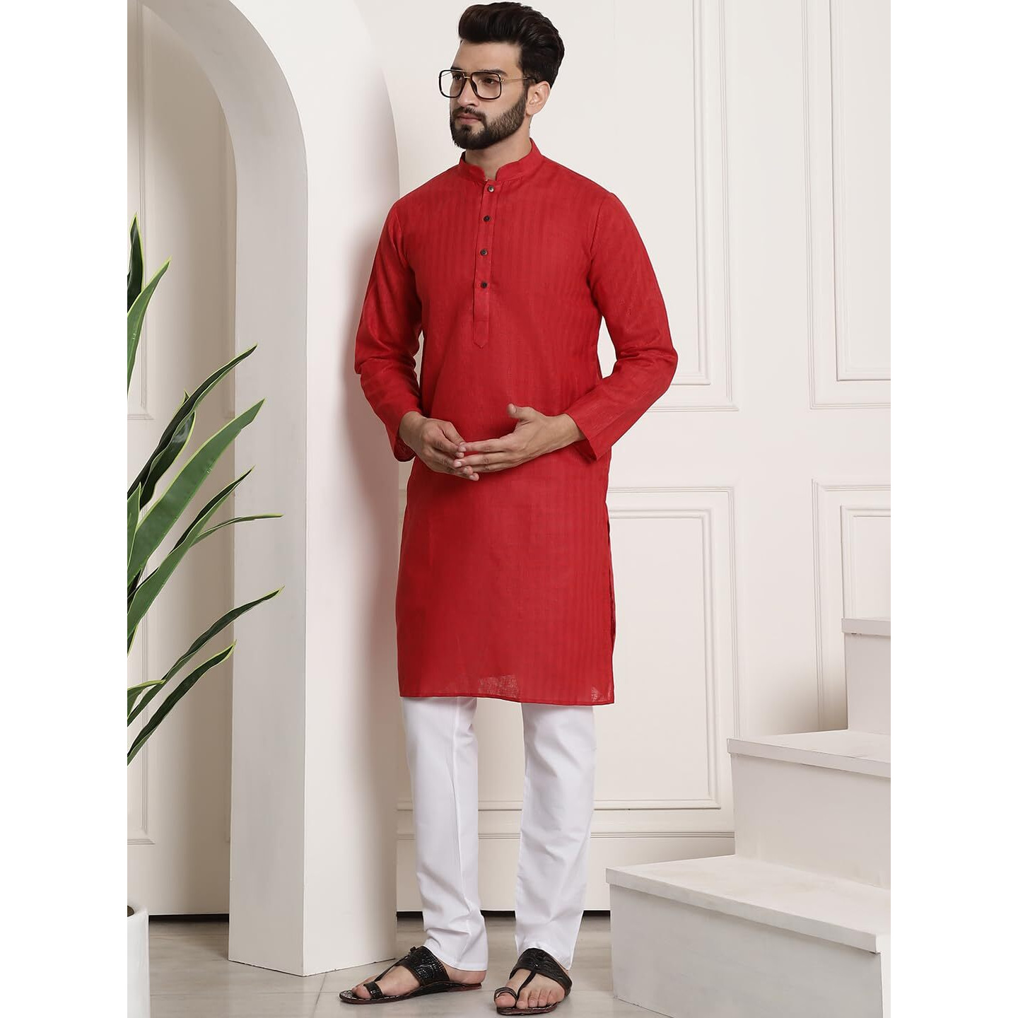 Sojanya (Since 1958 Men's Cotton Blend Red Checked Kurta And White Churidar Pyjama Set