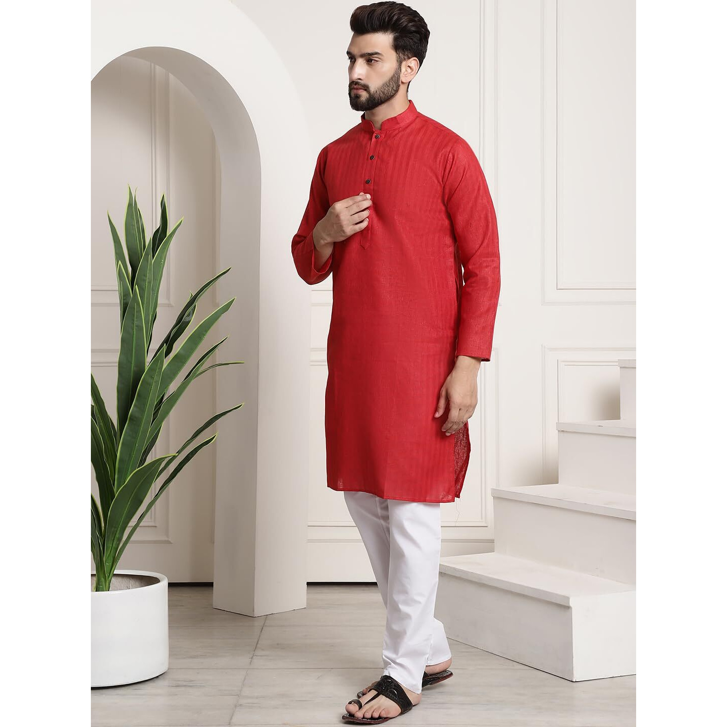 Sojanya (Since 1958 Men's Cotton Blend Red Checked Kurta And White Churidar Pyjama Set