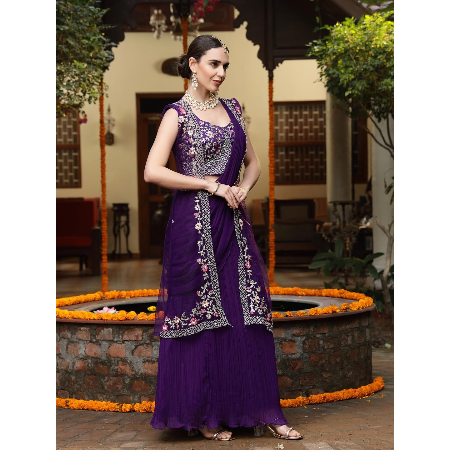 Stylum Women's Printed & Embroidered Georgette Draped Readymade Lehenga Choli With Jacket (Lehpurplecoco36_Purple, S)