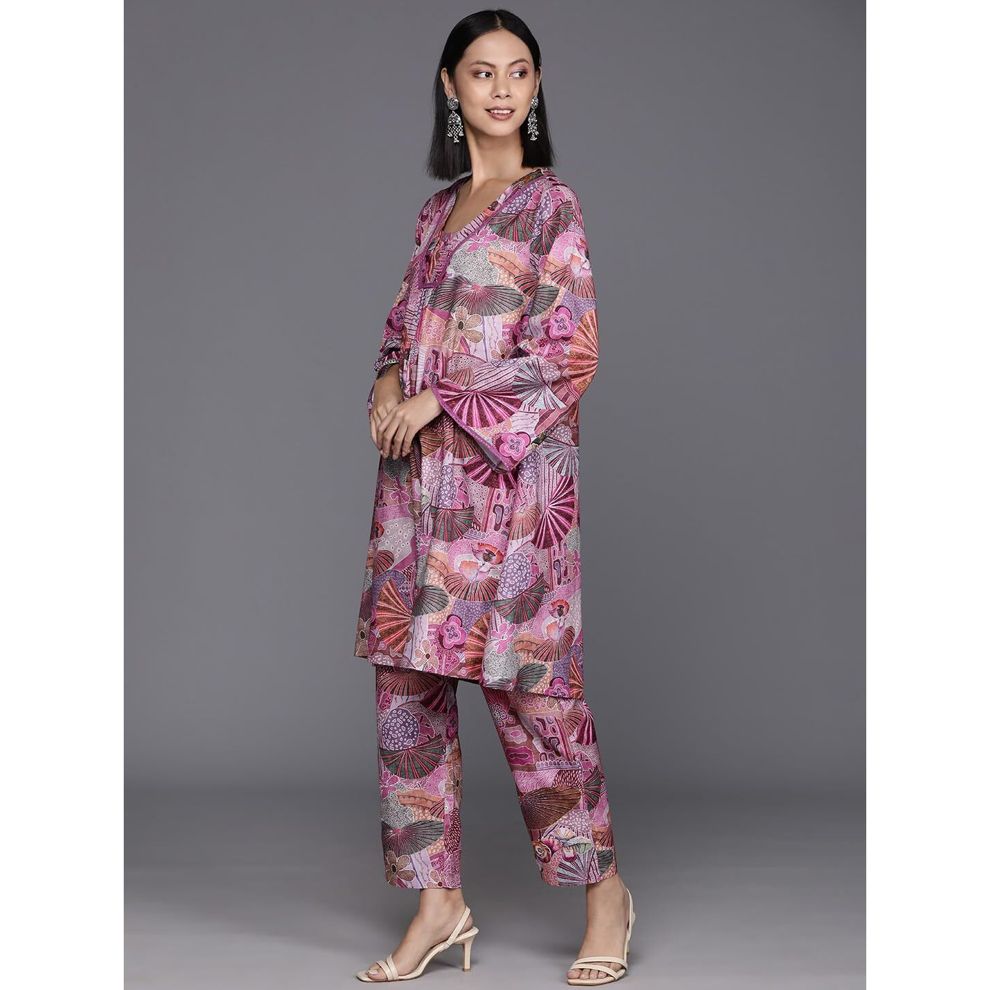Varanga Women Purple Abstract Printed V-Neck A-Line Kurta Paired With Tonal Bottom