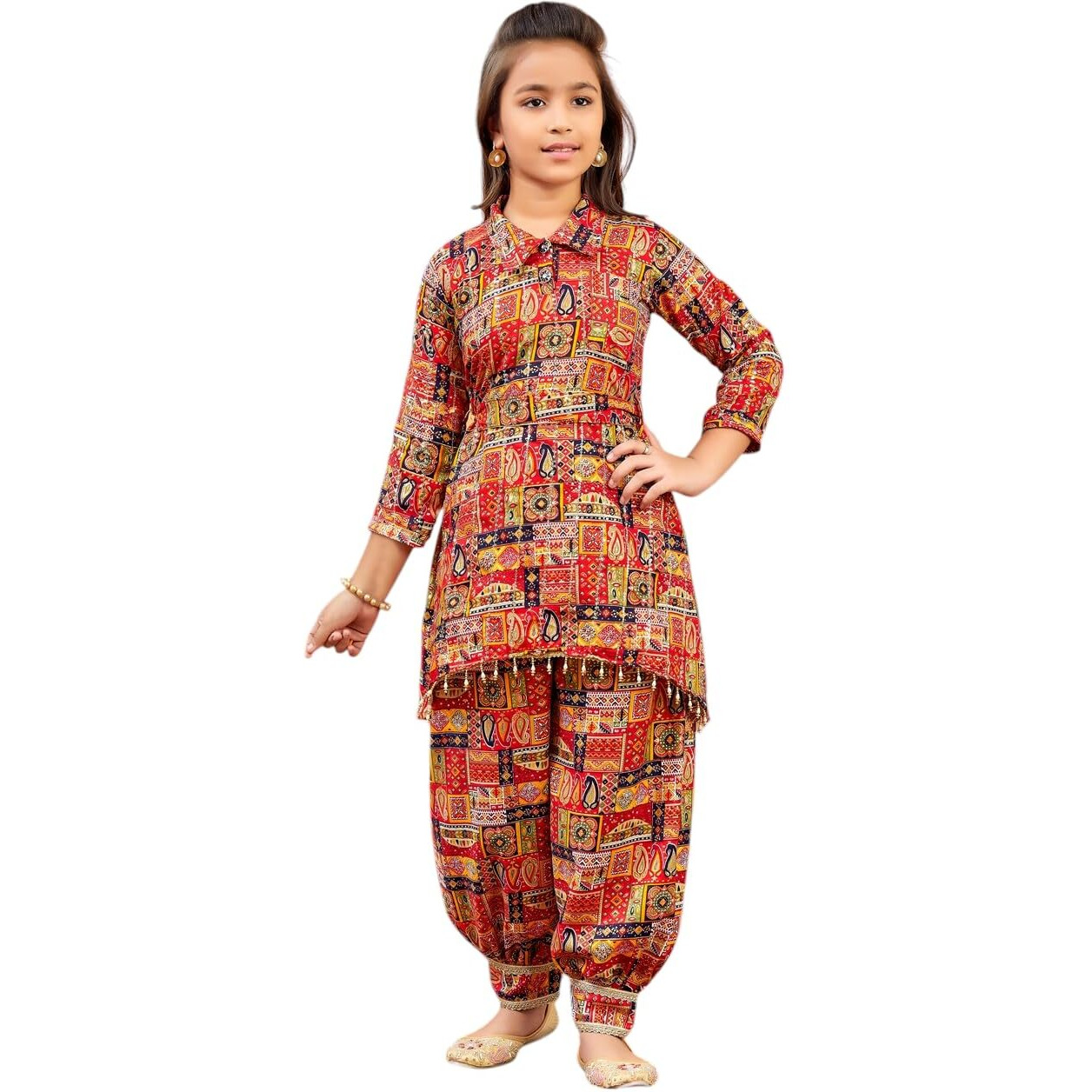 Aarika Girls Ethnic Wear Red Colour Abstract Printed Cotton Kurti Patiala Set With Belt (4-10 Years)