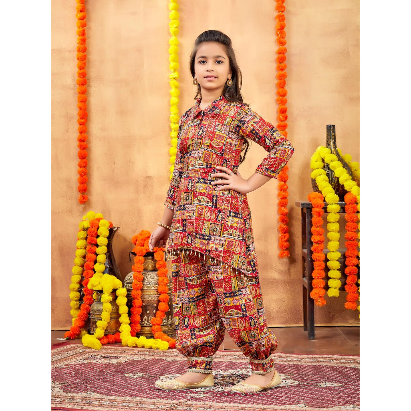 Aarika Girls Ethnic Wear Red Colour Abstract Printed Cotton Kurti Patiala Set With Belt (4-10 Years)
