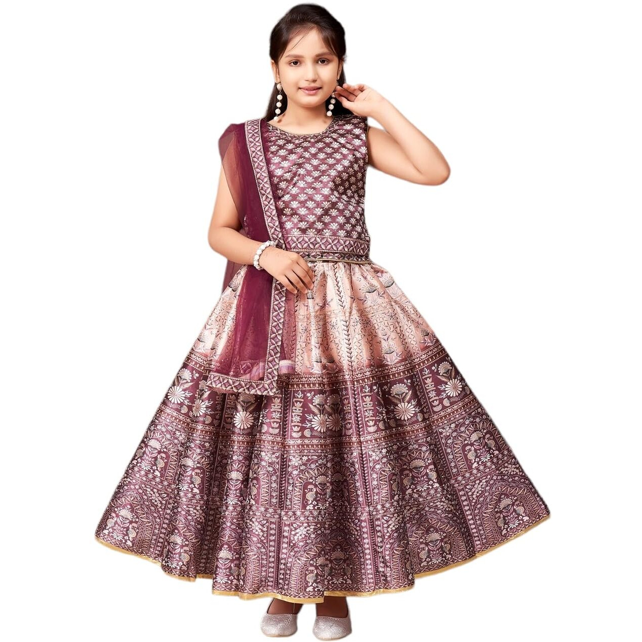Aarika Girls Ethnic Wear Brown Colour Floral Print Embellished Stone Silk Lehenga Choli Set (5-11 Years)
