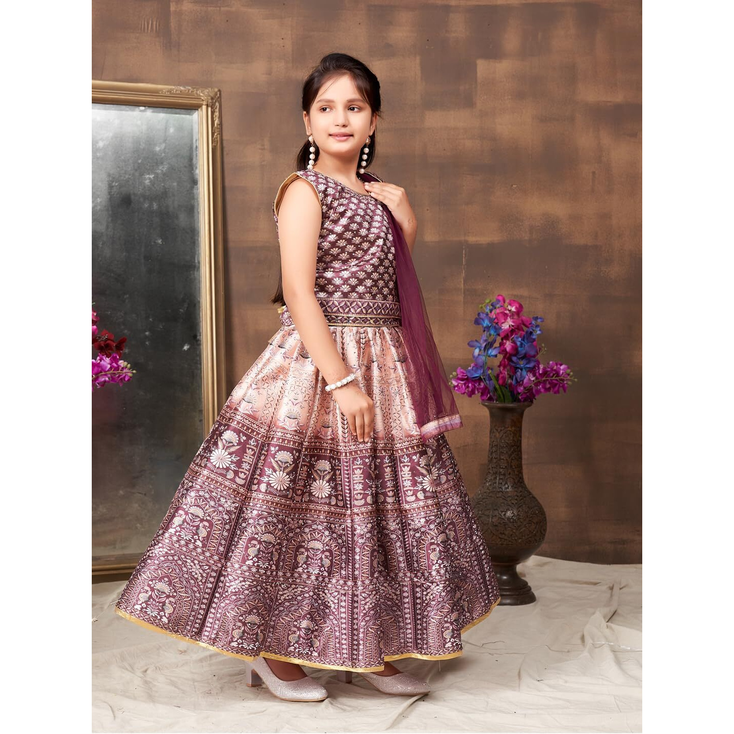 Aarika Girls Ethnic Wear Brown Colour Floral Print Embellished Stone Silk Lehenga Choli Set (5-11 Years)
