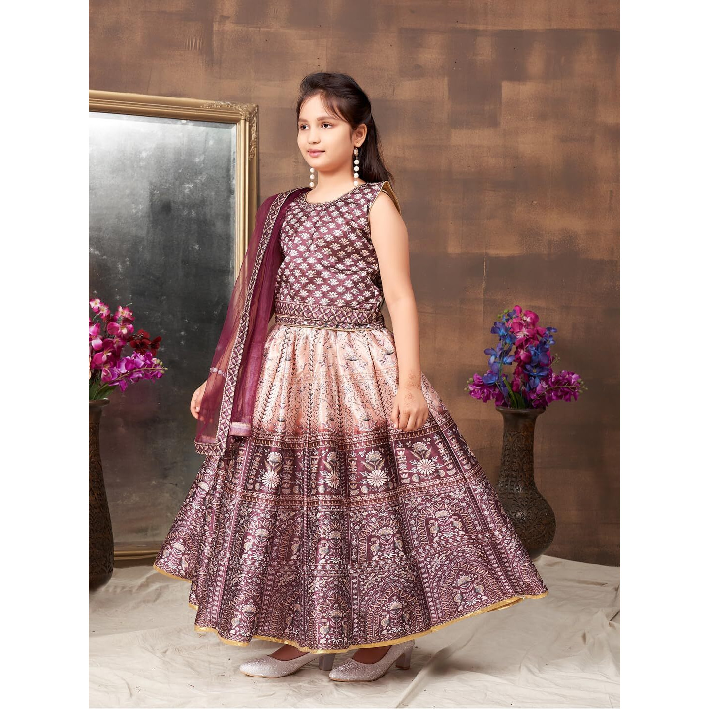 Aarika Girls Ethnic Wear Brown Colour Floral Print Embellished Stone Silk Lehenga Choli Set (5-11 Years)