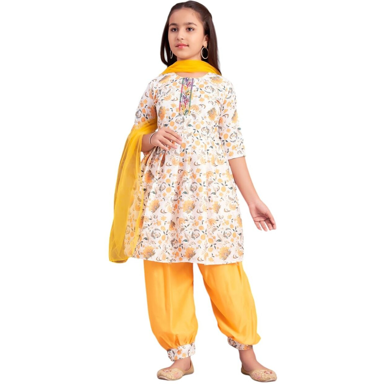Aarika Girls Ethnic Wear Yellow-White Colour Floral Print Beads Work Polycrepe Kurti Patiala Set With Dupatta-3-13 Years (Pt-Shm-5006)