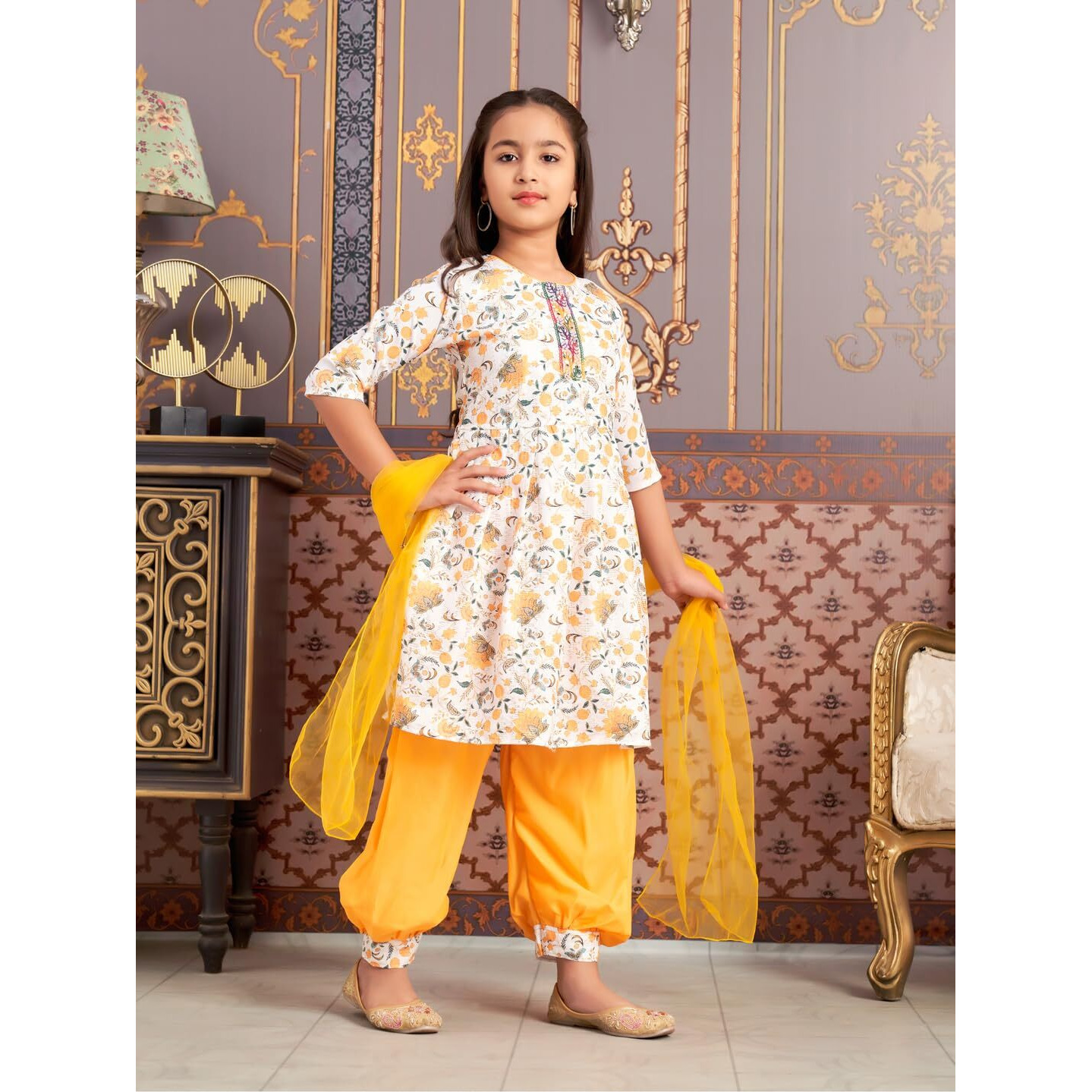 Aarika Girls Ethnic Wear Yellow-White Colour Floral Print Beads Work Polycrepe Kurti Patiala Set With Dupatta-3-13 Years (Pt-Shm-5006)