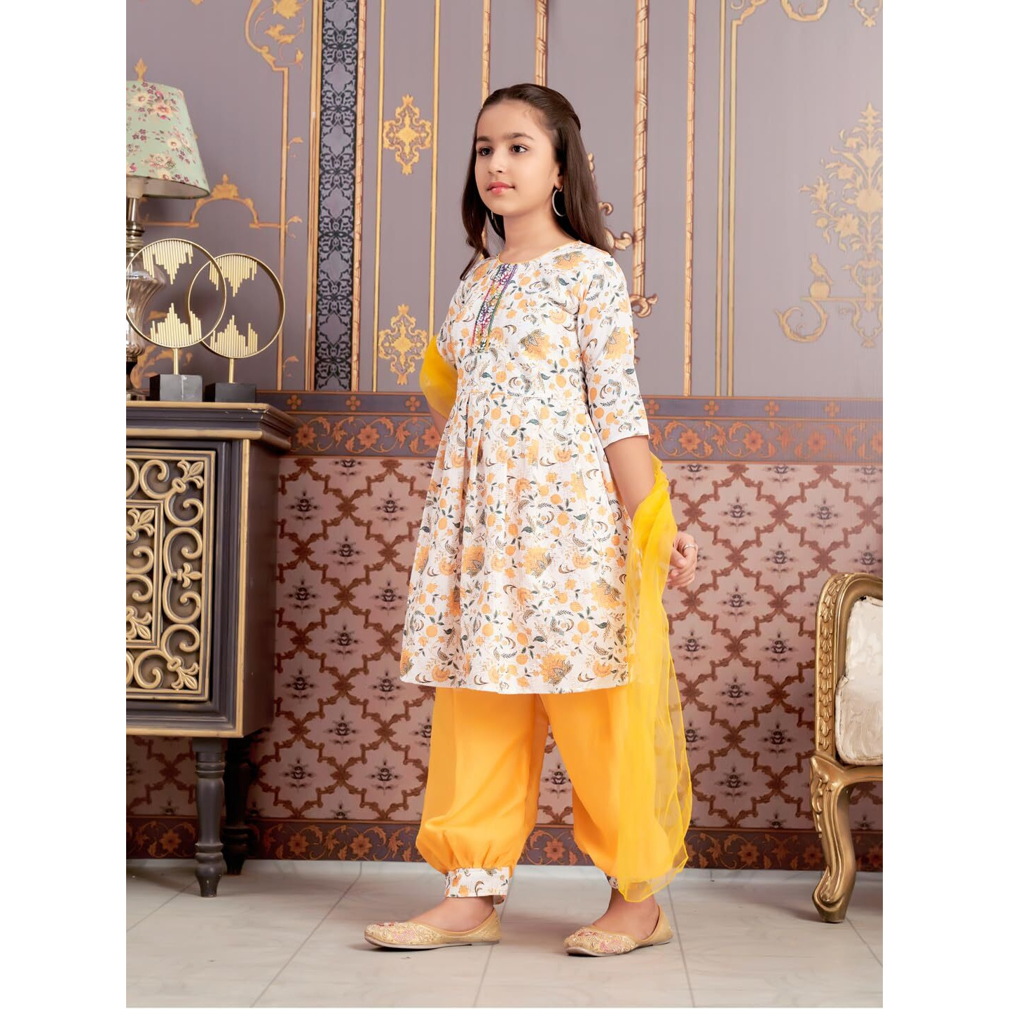 Aarika Girls Ethnic Wear Yellow-White Colour Floral Print Beads Work Polycrepe Kurti Patiala Set With Dupatta-3-13 Years (Pt-Shm-5006)
