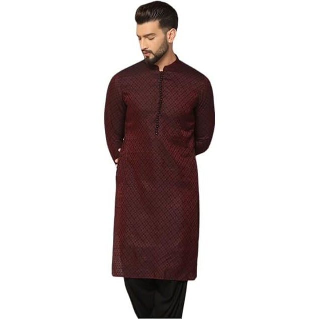 Kisah Men's Jacquard Silk Blend Kurta-Regular Fit Long Tunic With Mandarin Collar|Ethnic Wear For Weddings & Festive Occasions, Maroon & Black, 40