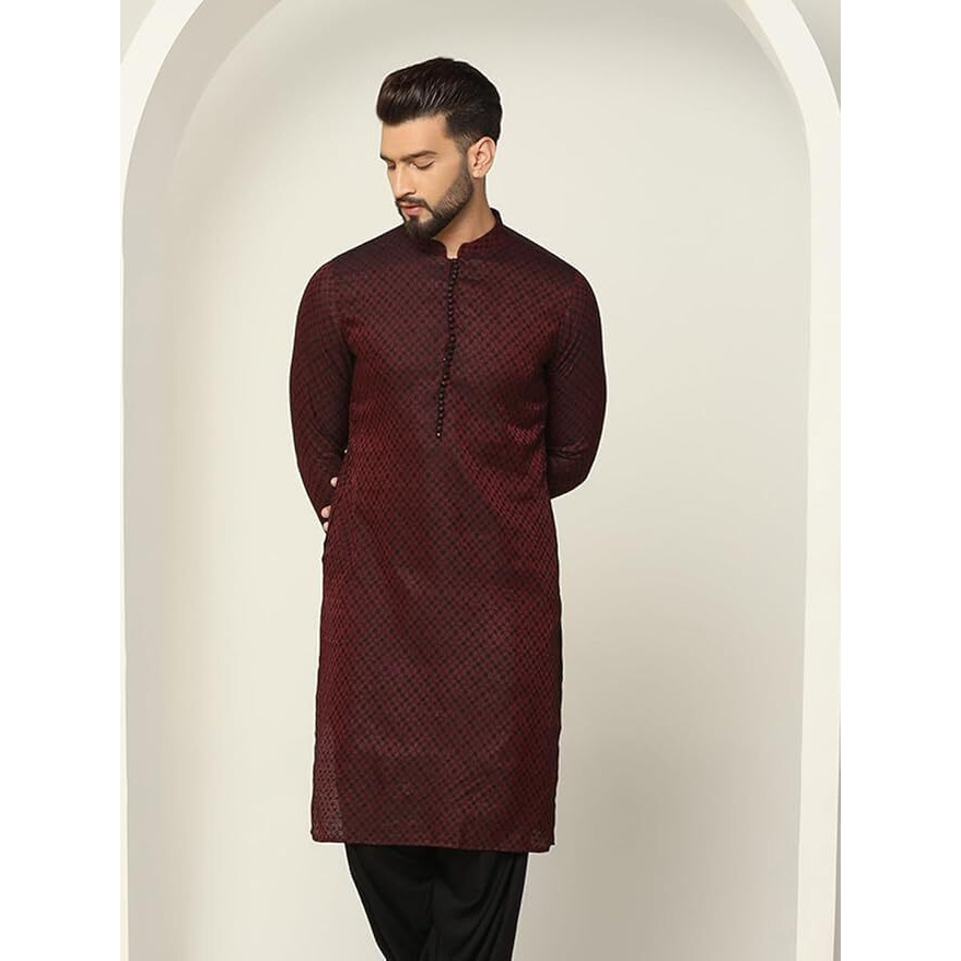 Kisah Men's Jacquard Silk Blend Kurta-Regular Fit Long Tunic With Mandarin Collar|Ethnic Wear For Weddings & Festive Occasions, Maroon & Black, 40