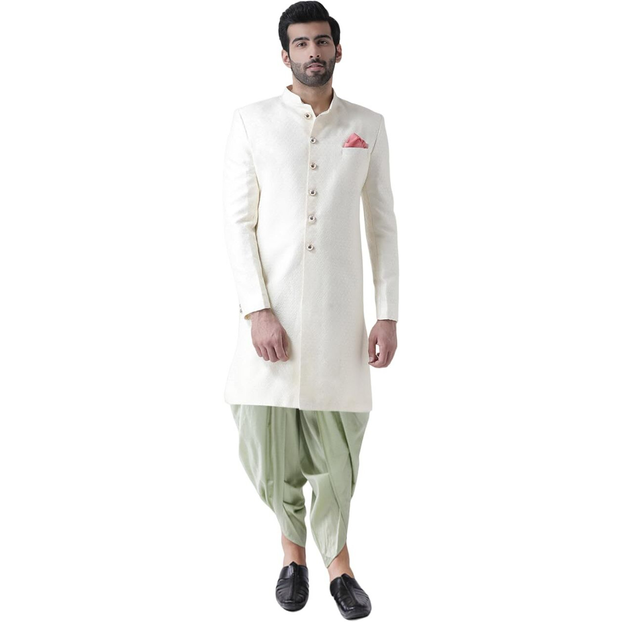 Kisah Men's Indo-Western Sherwani Dhoti Set, White Jacquard Woven Design Regular Fit Full Sleeves Mandarin Colla (L)