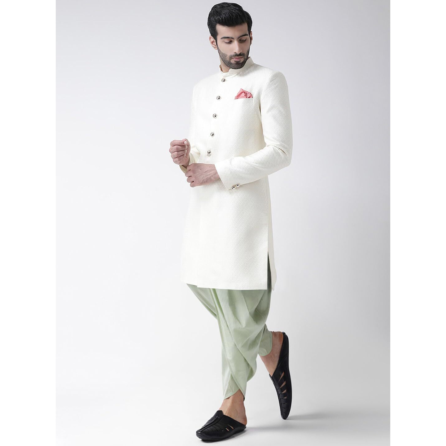 Kisah Men's Indo-Western Sherwani Dhoti Set, White Jacquard Woven Design Regular Fit Full Sleeves Mandarin Colla (L)