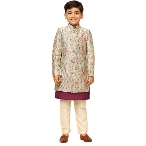Kisah Boy's Ethnic Wear Cotton Regular Fit Off White Kurta Indo-Western Sherwani Pyjama Set|3-4 Years