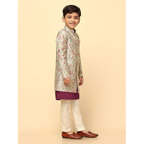 Kisah Boy's Ethnic Wear Cotton Regular Fit Off White Kurta Indo-Western Sherwani Pyjama Set|3-4 Years