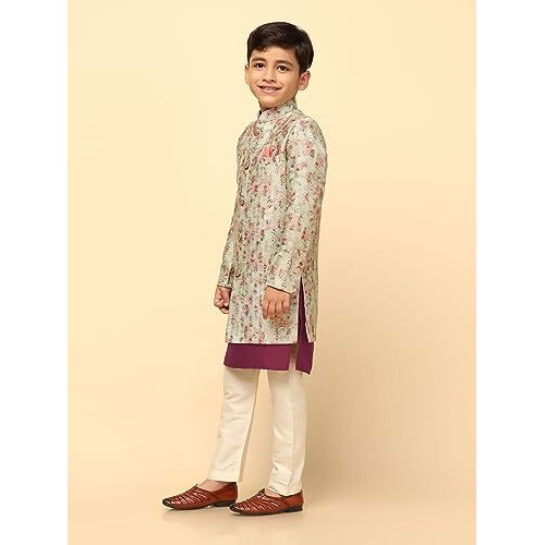 Kisah Boy's Ethnic Wear Cotton Regular Fit Off White Kurta Indo-Western Sherwani Pyjama Set|3-4 Years