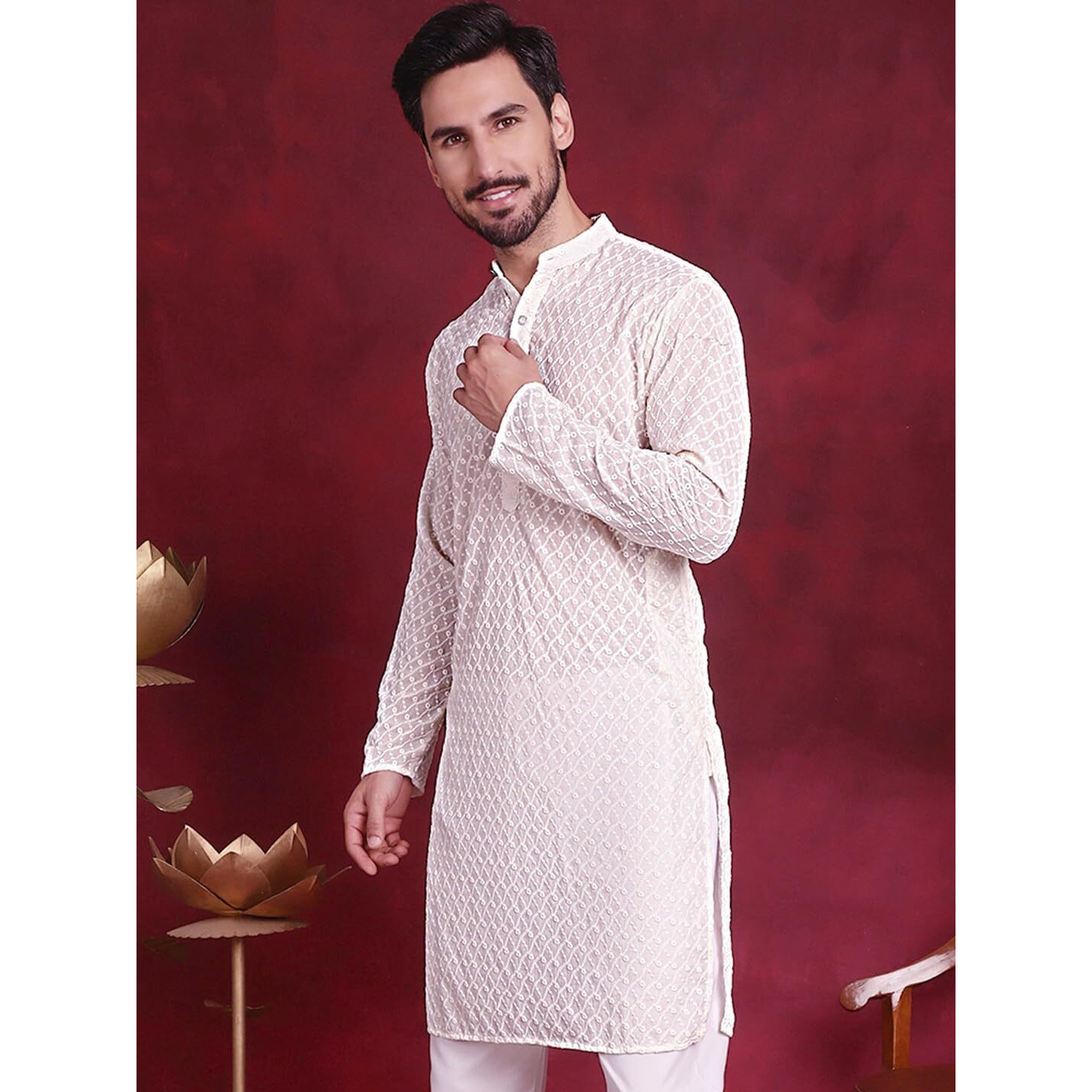 Jompers Chikankari Pure Cotton Kurtas For Men (White, M)
