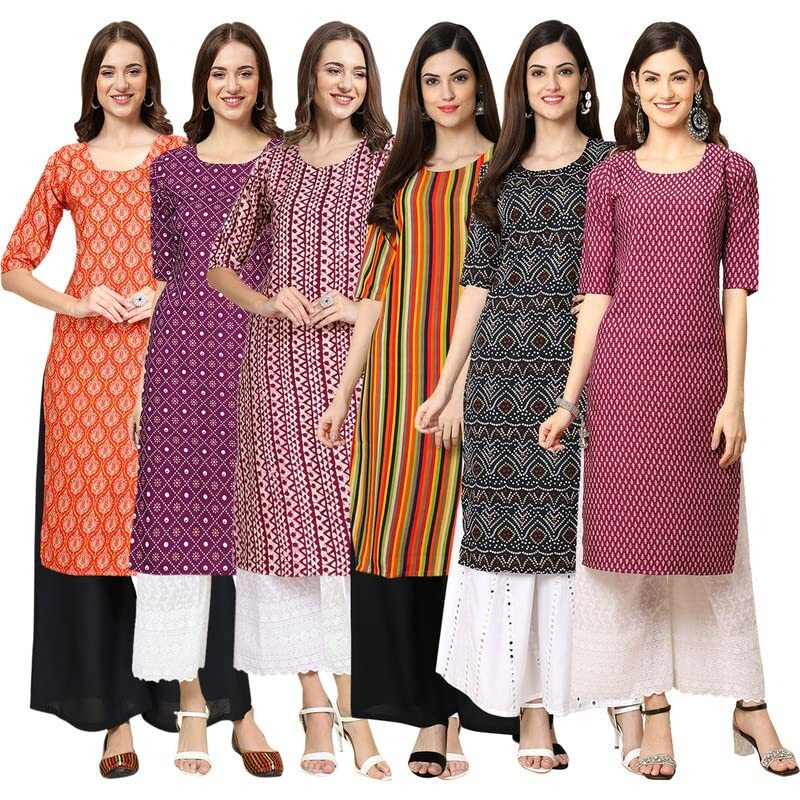 Pinkmint Women's Crepe Digital Print Straight Kurta [Pack Of 6] Multicolour
