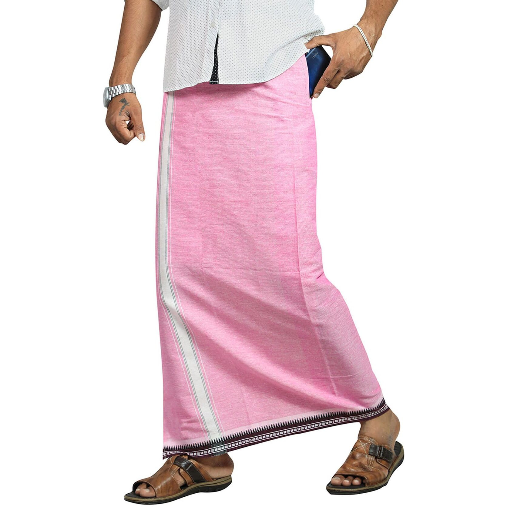 Prakasam Cotton Mens Cotton Kerala Thalapathi Border Welcro Pocket Dhoti (Size -S Size Dhoti) / Pink Colour Thalapathi Adjustable Pocket Dhoties For Mens