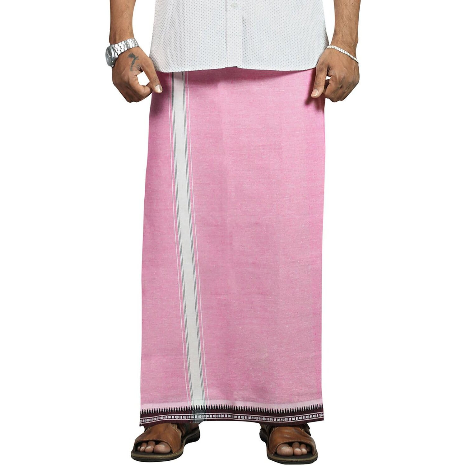 Prakasam Cotton Mens Cotton Kerala Thalapathi Border Welcro Pocket Dhoti (Size -S Size Dhoti) / Pink Colour Thalapathi Adjustable Pocket Dhoties For Mens