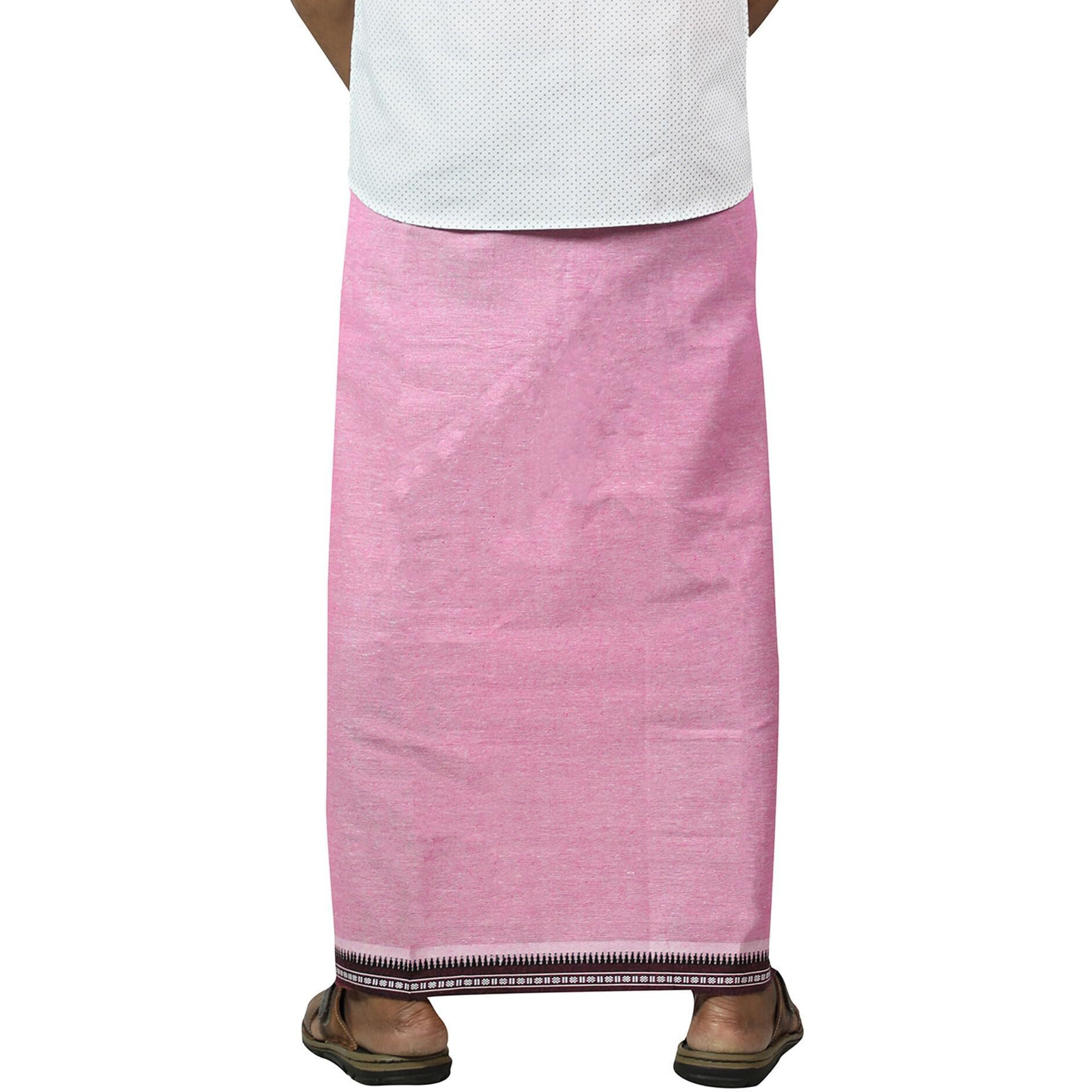 Prakasam Cotton Mens Cotton Kerala Thalapathi Border Welcro Pocket Dhoti (Size -S Size Dhoti) / Pink Colour Thalapathi Adjustable Pocket Dhoties For Mens