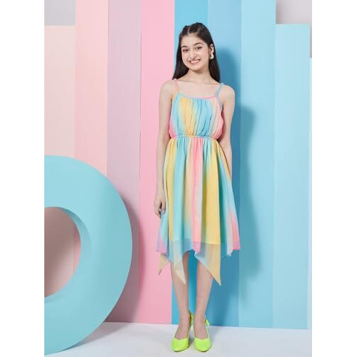 Pspeaches Girl's Striped Shoulder Strap Crepe Fit Flare Midi Dress Stylish Casual Wear (10-11Years) Multicolour