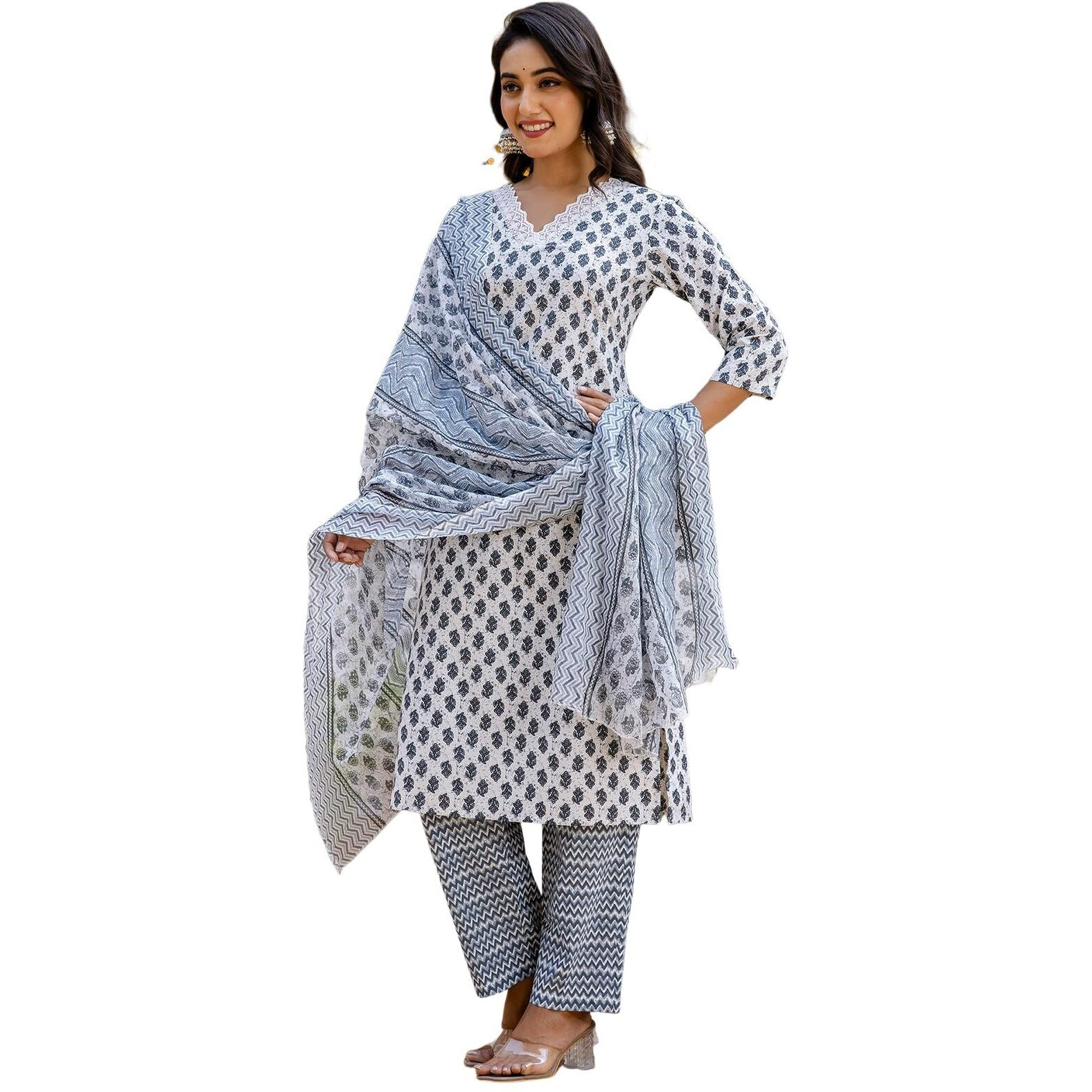 Sanisa Women's Cotton Printed & Lace Straight Kurta With Pant And Dupatta Set (268Kbd2811N-Xxl_Grey & White)